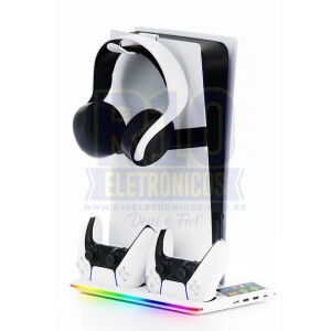 BASE PARA PS5 OTVO P5364X COM LED RBG CARREGA 2 CONTROLES PAINEL TOUCH